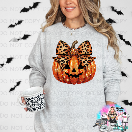 Leopard Coquette Bow Jack-O-Lantern faux glitter SHIRT