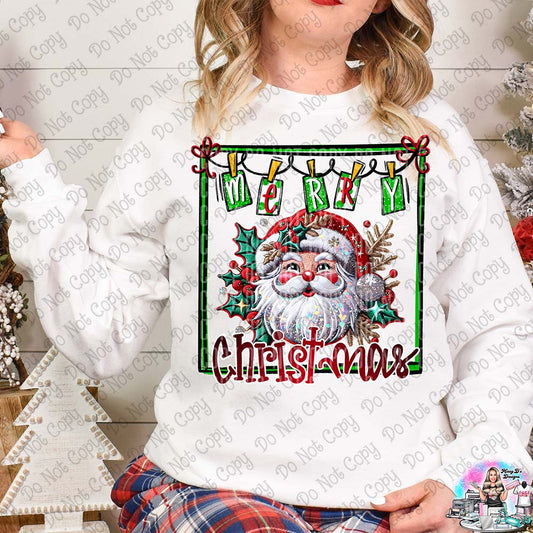 Merry Christmas Clothes Line Framed Santa DTF TRANSFER