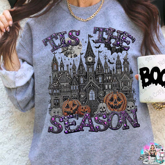 Tis the Season Haunted House faux glitter Halloween 1008 DTF TRANSFER