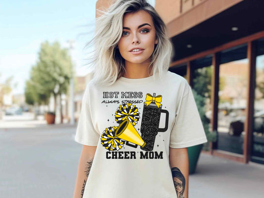 Hot Mess Always Stressed Cheer Mom black/gold DTF Transfer