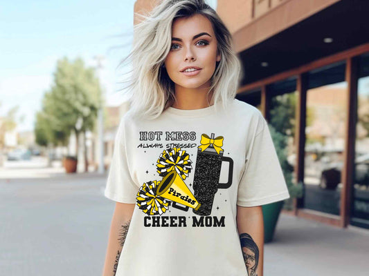 Pirates Hot Mess Always Stressed Cheer Mom black/gold DTF Transfer