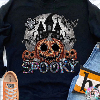 Spooky Jack O Lantern Haunted House  faux glitter Halloween 1013 DTF Transfer