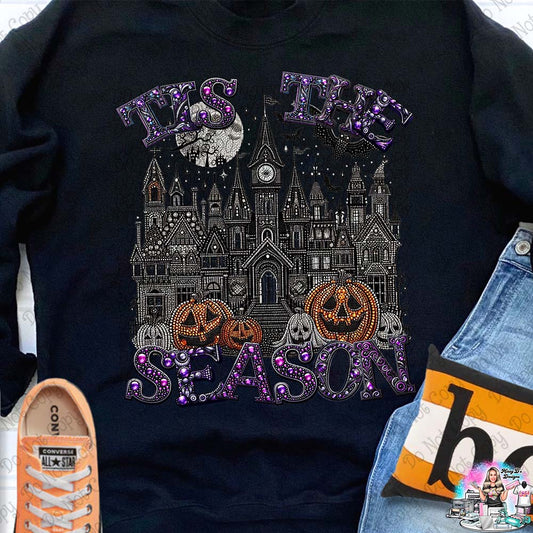 Tis the Season Haunted House faux glitter Halloween 1008 SHIRT