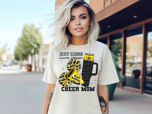 Jackrabbits Hot Mess Always Stressed Cheer Mom black/gold DTF Transfer