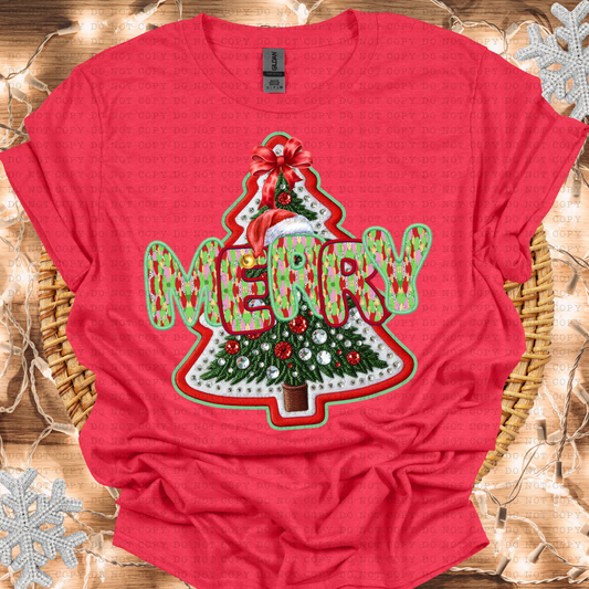 Merry Christmas Watercolor Christmas Tree Faux Embroidery DTF TRANSFER