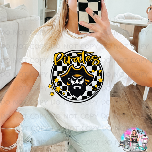 Pirates black/gold round checkered DTF Transfer