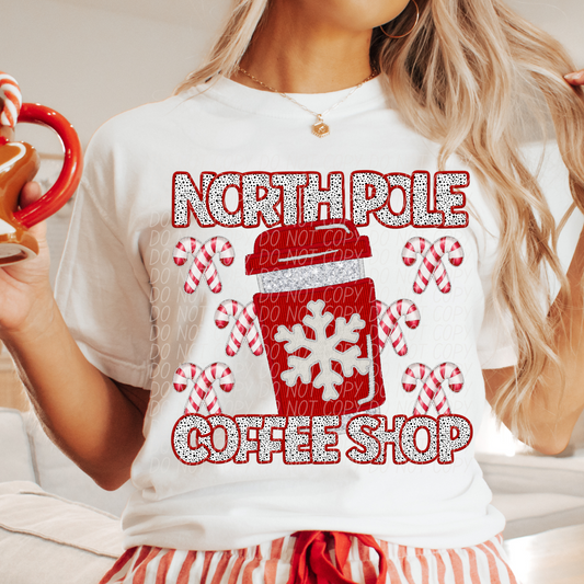 North Pole Coffee Shop Faux Embroidery SHIRT