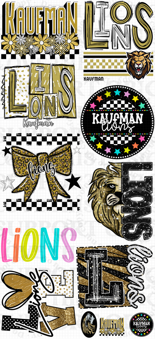 Kaufman Lions Mascot Pre-Made DTF Gang Sheet 22 x 48 inches