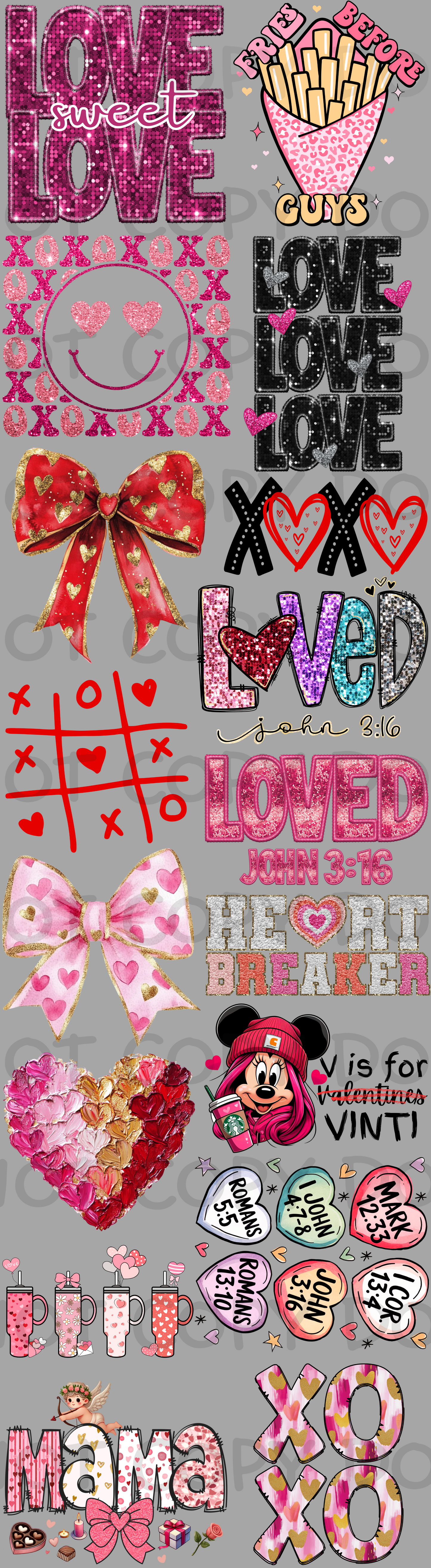 22 x 80 inch Valentine's Day  Pre-made Premade Gang Sheet